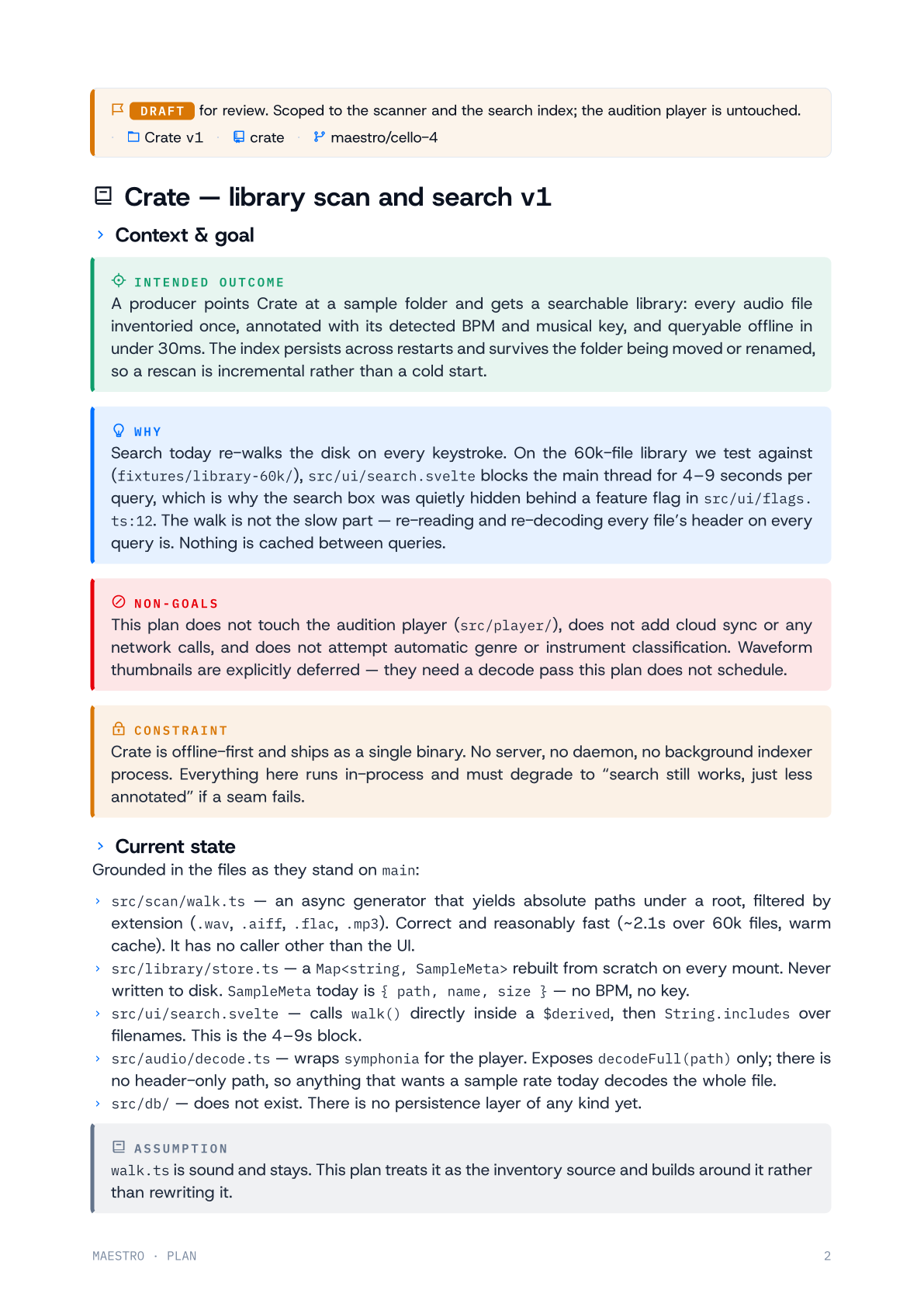 A body page of the generated PDF: a DRAFT status bar, the heading "Context & goal", and colour-coded callouts for Intended outcome, Why, Non-goals and Constraint above a cited list of the current state.