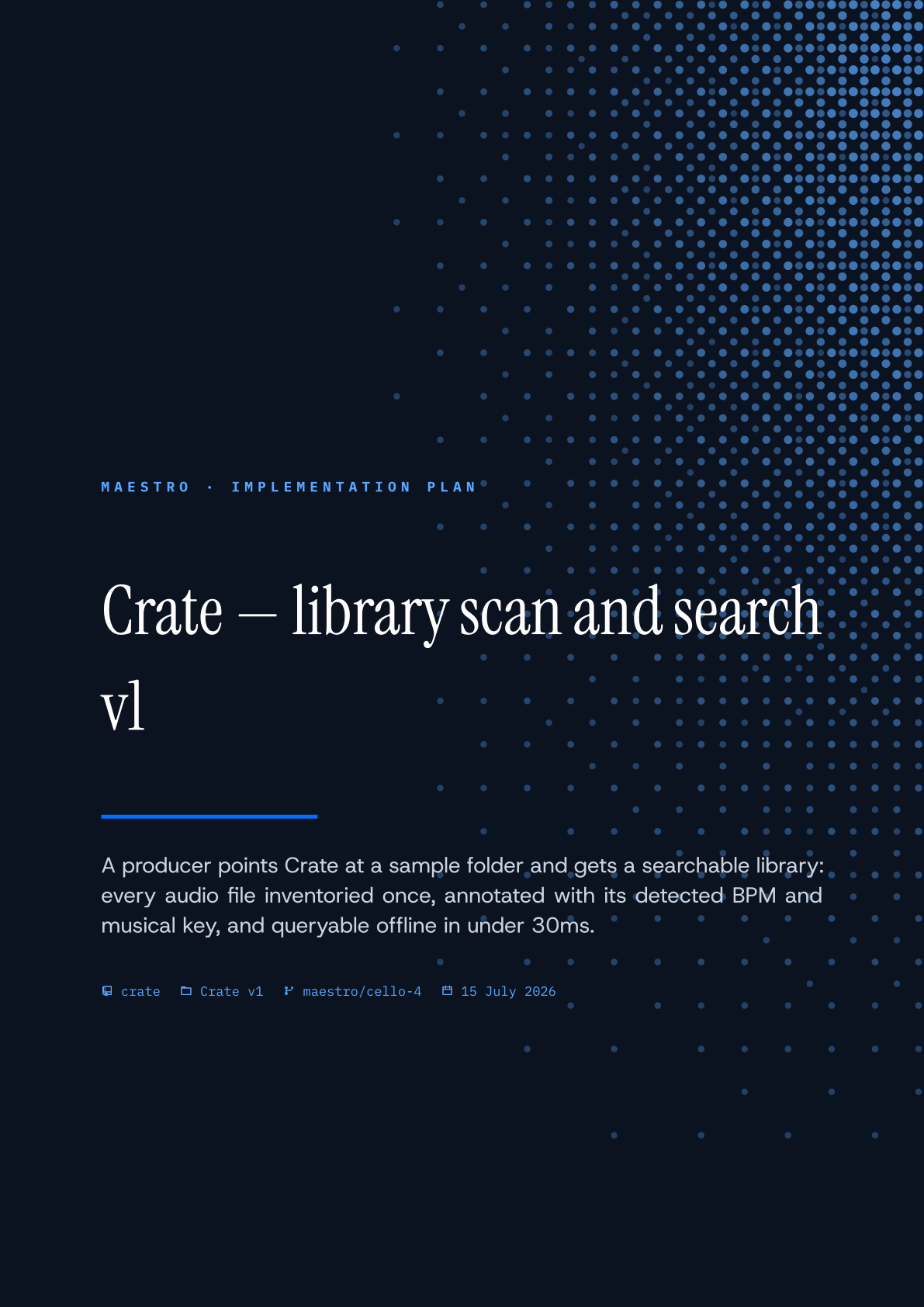 Cover page of the generated PDF: a dark navy page with an ordered-dither dot field, the line "Maestro · Implementation Plan", the title "Crate — library scan and search v1" in a serif face, and mono chips reading crate, Crate v1, maestro/cello-4 and the date.
